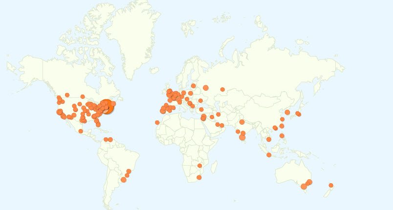 A pale world map scattered with orange dots marking visitor locations, concentrated in North America, Europe and Asia.