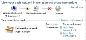 The Windows "View your basic network information and set up connections" panel showing HAL-LAPTOP-WIN7 joined to an unidentified network with a red X on the link to the Internet, access type "No network access", and two local area connections listed.