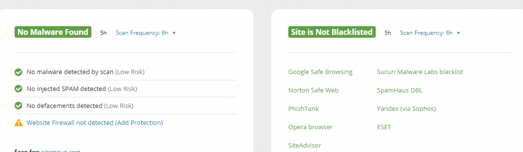 Sucuri Website Security Platform detecting the malicious code planted as a test