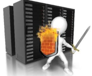 3D illustration of a white figure holding a sword and a burning brick-wall firewall shield, standing guard in front of two black server racks.
