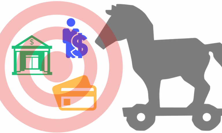 Illustration of a grey Trojan horse on wheels rolling toward a target ring containing a bank building, a payment card and a figure beside a dollar sign.