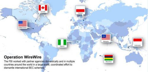 A world map with flag pins marking the United States, Canada, Poland, Nigeria, Malaysia, Indonesia and Mauritius, captioned "Operation WireWire — The FBI worked with partner agencies domestically and in multiple countries around the world in a large-scale, coordinated effort to dismantle international BEC schemes."