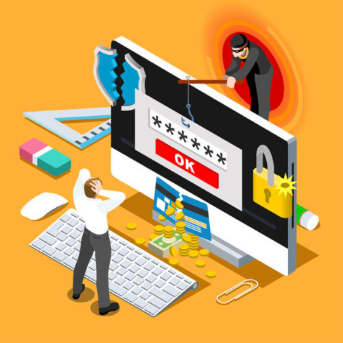Isometric illustration of a masked thief reeling in a password field on a monitor with a fishing line while the user below clutches his head, beside spilled coins, credit cards and a broken padlock.