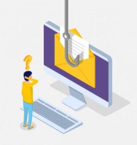 Isometric illustration of a man at a desktop computer reaching toward an open envelope on screen that is hooked on a fishing line, a question mark above his head.