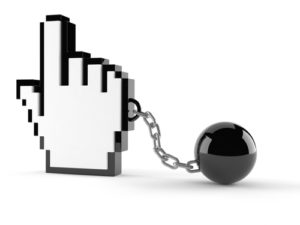 An oversized pixelated pointing-hand mouse cursor shackled to a black iron ball and chain.