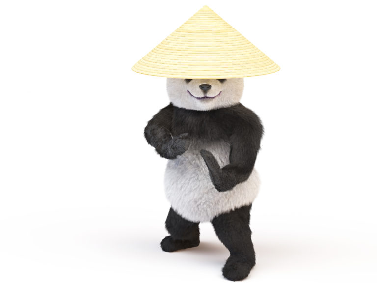 A 3D panda figure standing upright wearing a wide conical straw hat.