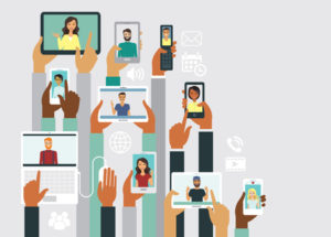 Flat illustration of many hands holding up phones, tablets and laptops showing video calls and chats, surrounded by messaging, calendar and globe icons.