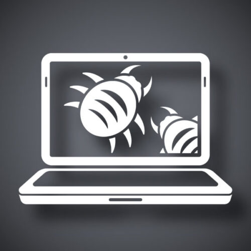 White line icon of a laptop with two bugs crawling on its screen, on a dark grey background.