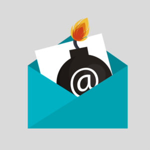 Illustration of an open envelope with a lit, fuse-burning bomb emerging from it alongside a letter, the bomb marked with an "@" symbol.