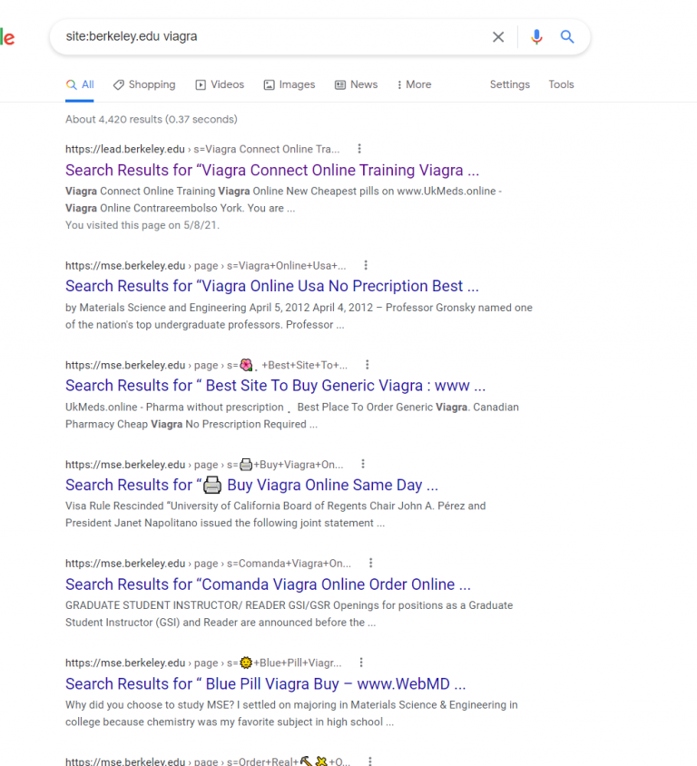 A Google results page for the query "site:berkeley.edu viagra" returning about 4,420 results, each one a spam pharmacy listing hosted on a berkeley.edu subdomain.