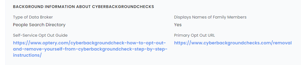Optery's custom removal instructions, for requesting deletion of a specific listing
