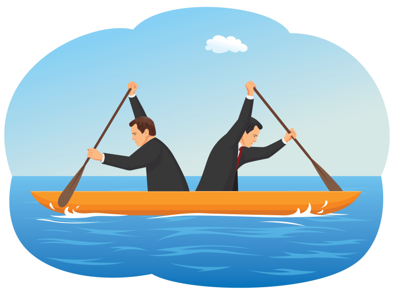 Illustration of two men in suits sharing a small boat on open water, each rowing hard with an oar in the opposite direction.