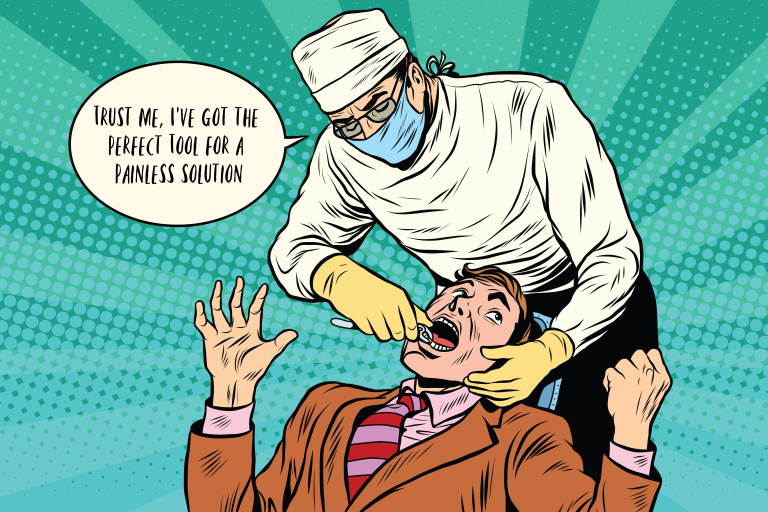 Pop-art comic panel of a dentist leaning over a terrified patient in the chair, saying "Trust me, I've got the perfect tool for a painless solution."
