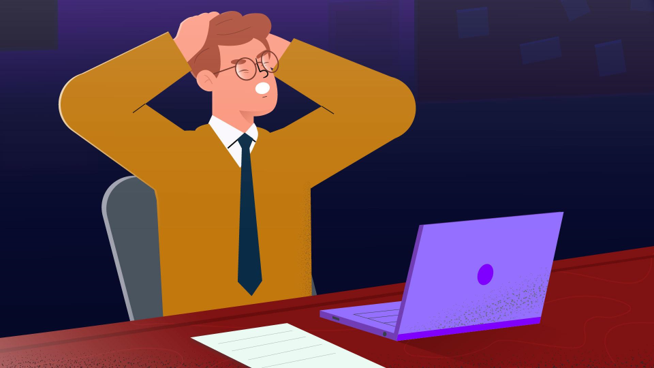 Flat illustration of a support worker at his desk clutching his head in both hands in front of an open laptop and a sheet of paper.