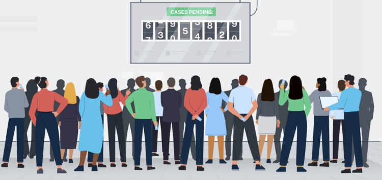 A large crowd seen from behind, facing a wall-mounted counter display labelled "CASES PENDING" with a long mechanical digit readout.