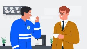 Flat illustration of two men facing each other over coffee in an office kitchen, one in a blue branded uniform, the other in a mustard suit, with mugs hanging on the wall behind them.