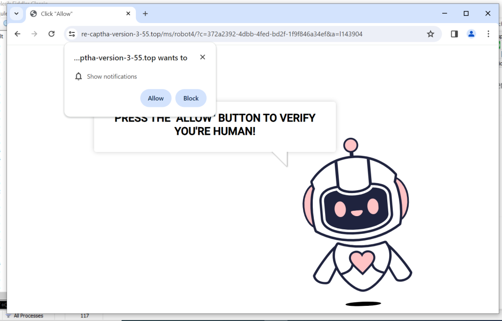 A counterfeit CAPTCHA at re-capta-version-3-55[.]top, a cartoon robot telling the visitor to press Allow to verify they are human, which actually grants browser notification permission