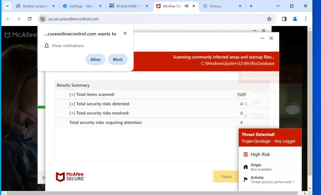 A fake McAfee scan at us.secureonlinecontrol.com reporting 1,589 items scanned and a high-risk "Trojan.Qoologic key logger", with another notification prompt layered on top