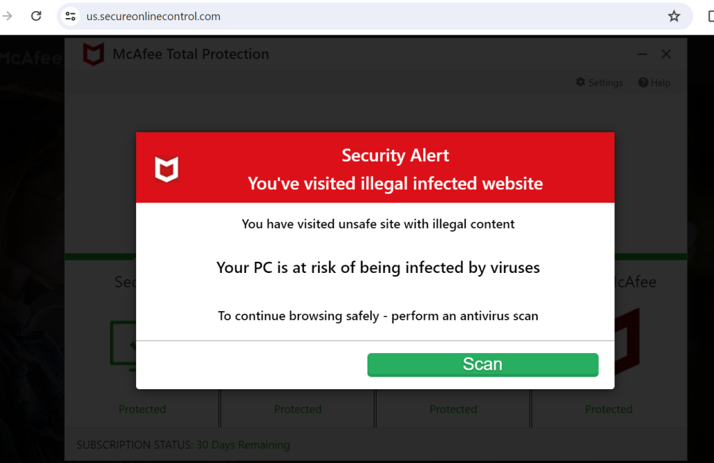 A fake McAfee security alert claiming the visitor has reached an illegal infected website, pushing them to run a scan