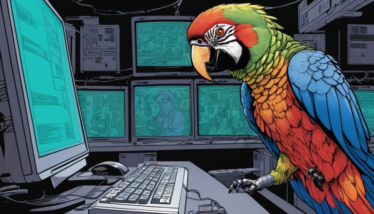 Comic-style illustration of a parrot perched at a keyboard in front of a bank of monitors filled with code and dashboards in a dim operations room.