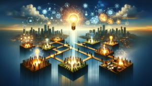 A glowing network of city blocks linked by lit pathways, crowds of people moving along them toward a bright lightbulb at the centre, with knowledge and technology icons floating in the sky above.