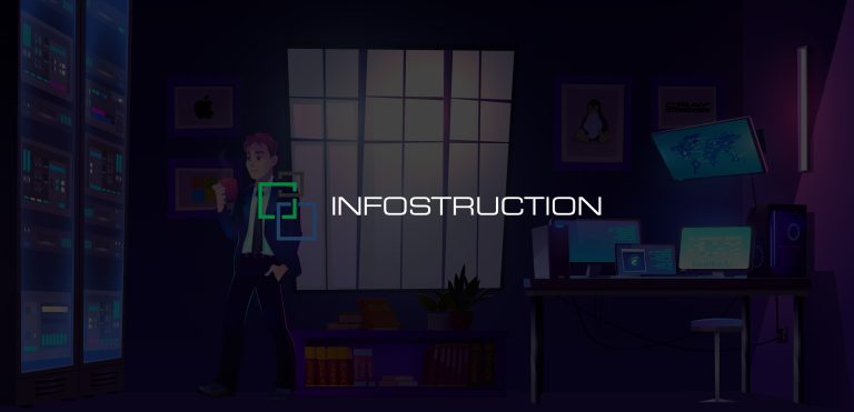 Infostruction banner: a person holding a mug stands in a dim home office lit by server racks and monitors, with the Infostruction logo and wordmark across the centre.