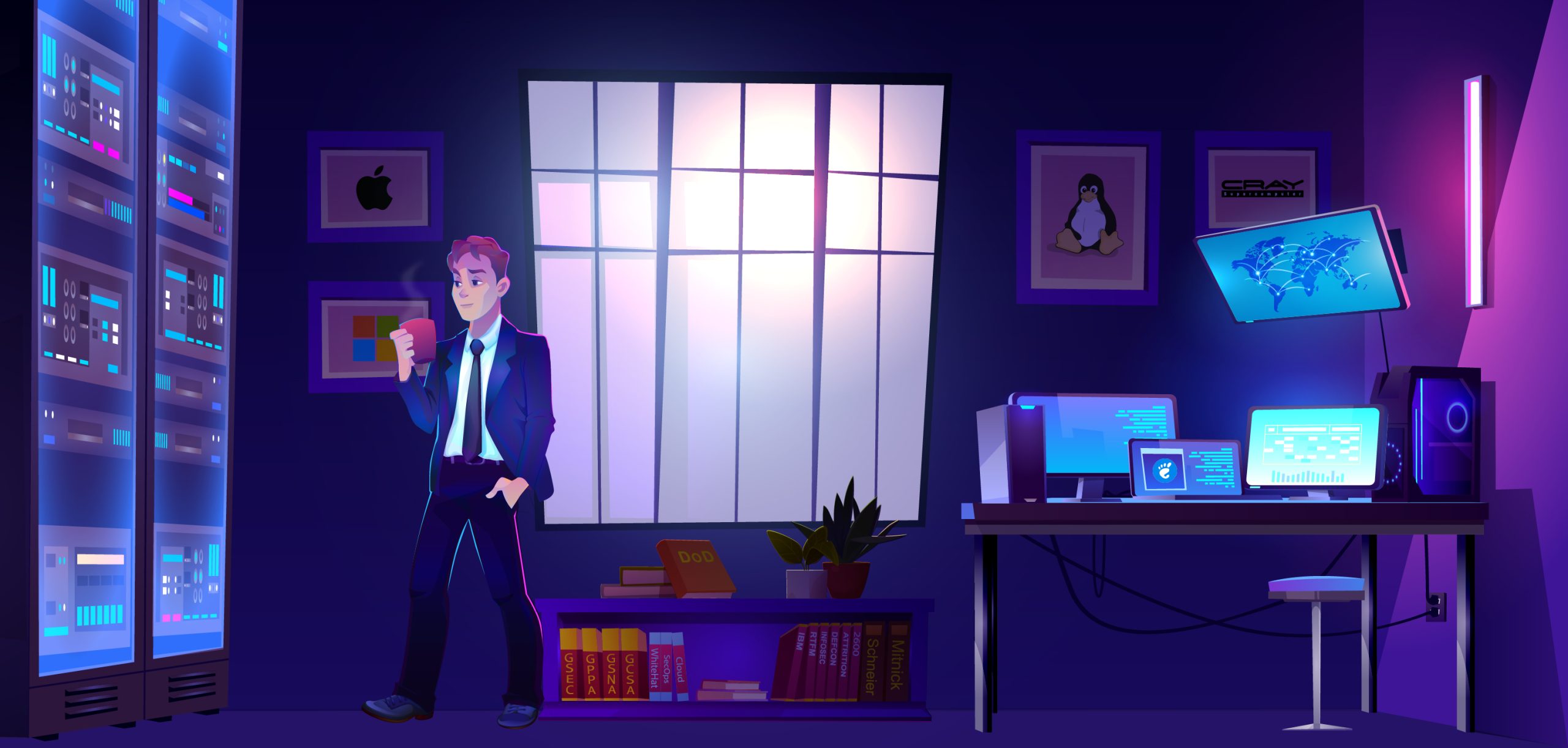 Illustrated workspace with server racks, a figure holding a mug, and desks of glowing monitors, the home page banner
