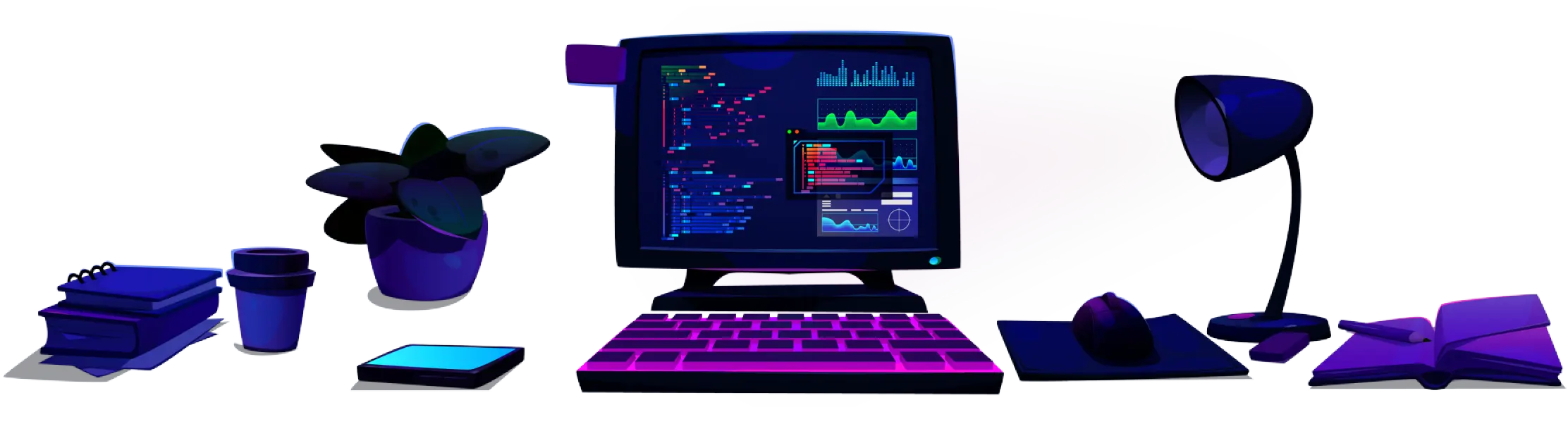 Illustrated desk scene with a monitor showing network dashboards, a desk lamp, books and a plant