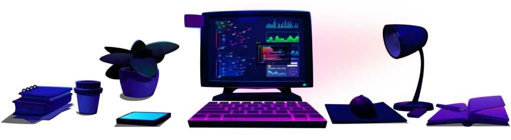 Illustrated desk scene with a monitor showing network dashboards, a desk lamp, books and a plant