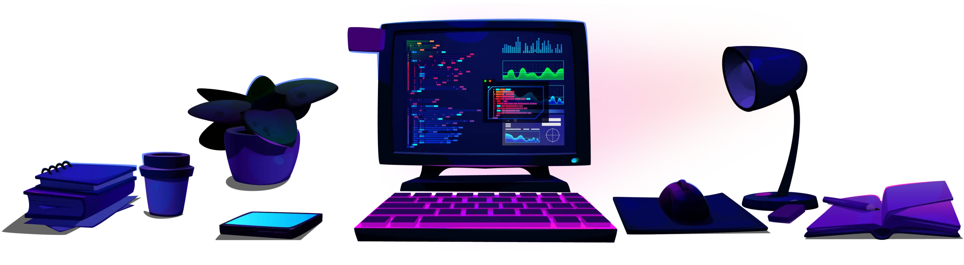Illustration of a desk with a monitor showing dashboards, a keyboard, a lamp, books and a plant
