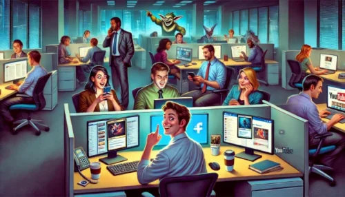 A busy open-plan office where staff at every desk are absorbed in social feeds on their monitors and phones, while cartoon trolls and goblins wander between the cubicles unnoticed.