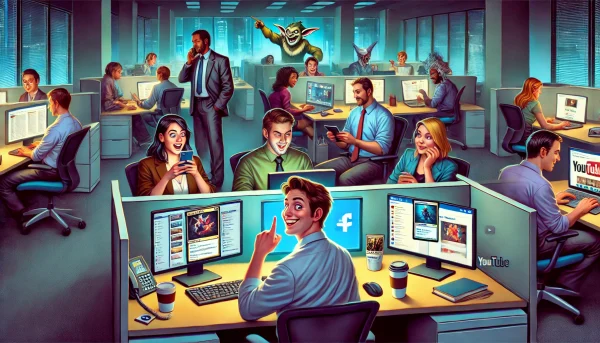 A busy open-plan office where staff at every desk are absorbed in social feeds on their monitors and phones, while cartoon trolls and goblins wander between the cubicles unnoticed.