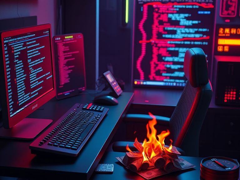 A darkened desk setup lit in red and magenta, code scrolling across two monitors, with an open campfire burning on the desktop beside the keyboard.