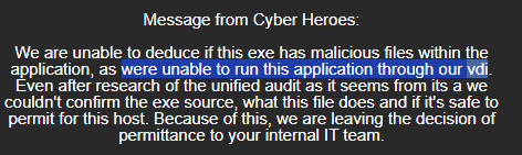 The VDI scenario where the product could not be used, forcing reliance on VirusTotal hashes