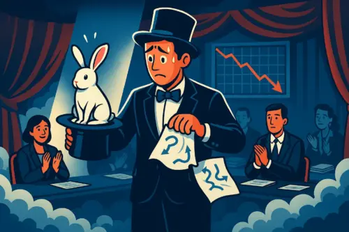 Cartoon magician on stage sweating as he pulls a rabbit from a top hat and spills question-mark cards, a red arrow trending downward on the chart behind him while the audience applauds.