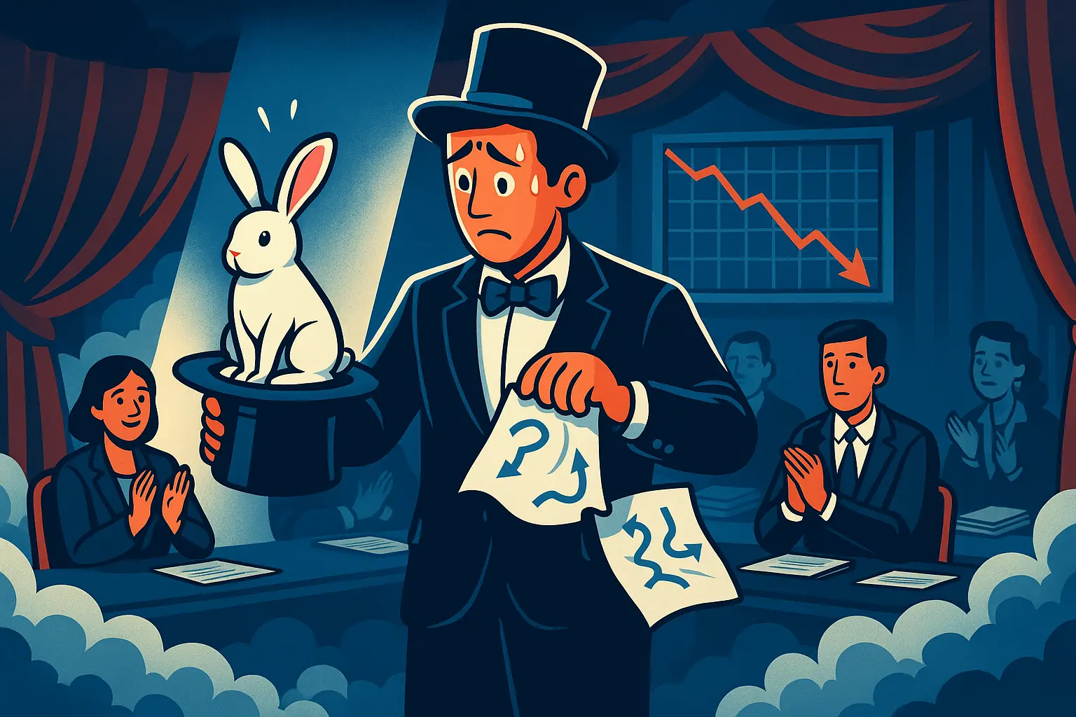 Cartoon magician on stage sweating as he pulls a rabbit from a top hat and spills question-mark cards, a red arrow trending downward on the chart behind him while the audience applauds.