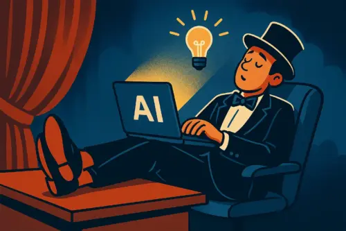 Cartoon of a man in a top hat and bow tie reclining with his feet on the desk, a laptop labelled "AI" on his lap and a lit bulb floating above him, stage curtains behind.