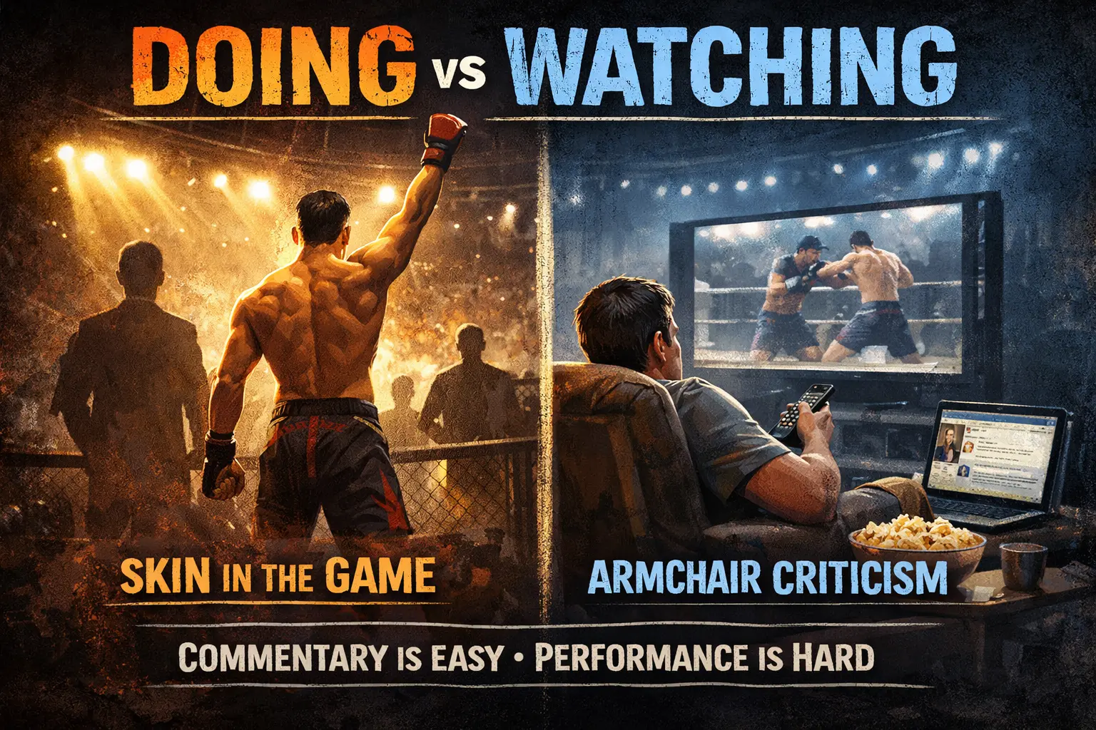 Split poster: a fighter raising his fist in a lit ring under "SKIN IN THE GAME", and a man on a sofa with phone and laptop watching that fight on TV under "ARMCHAIR CRITICISM", captioned "DOING vs WATCHING — commentary is easy, performance is hard".