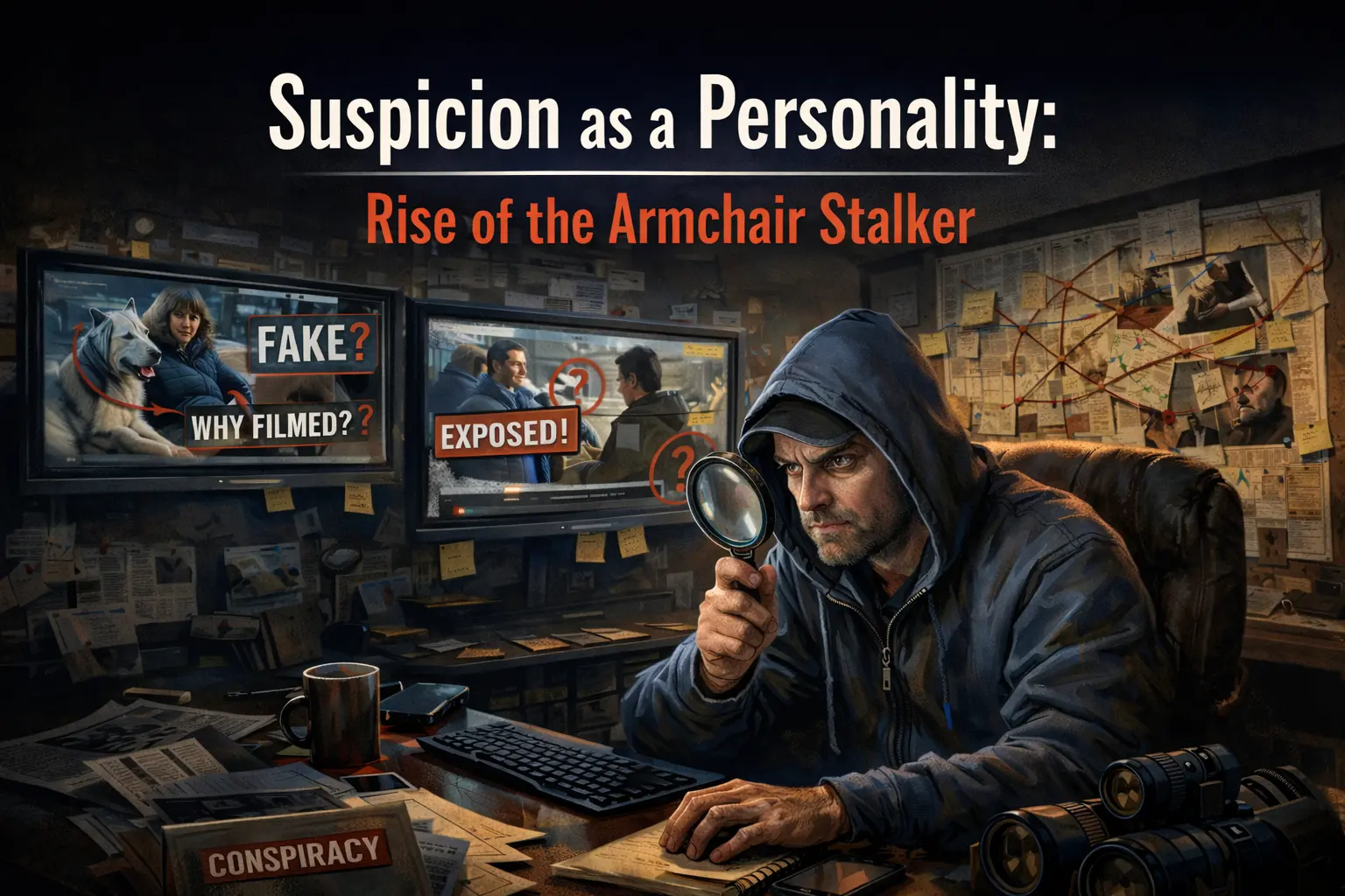 Title graphic reading "Suspicion as a Personality: Rise of the Armchair Stalker" above a hooded man peering through a magnifying glass at a desk of monitors tagged "FAKE?", "WHY FILMED?" and "EXPOSED!", with a folder marked CONSPIRACY and a wall of pinned clippings behind him.