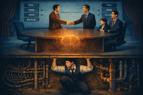 A boardroom handshake between two men over a glowing brain on the table, flanked by stacked labels reading PSA, RMM, MDR, Backup and Security; beneath the floor a lone man holds the table up on his shoulders amid a maze of pipes.