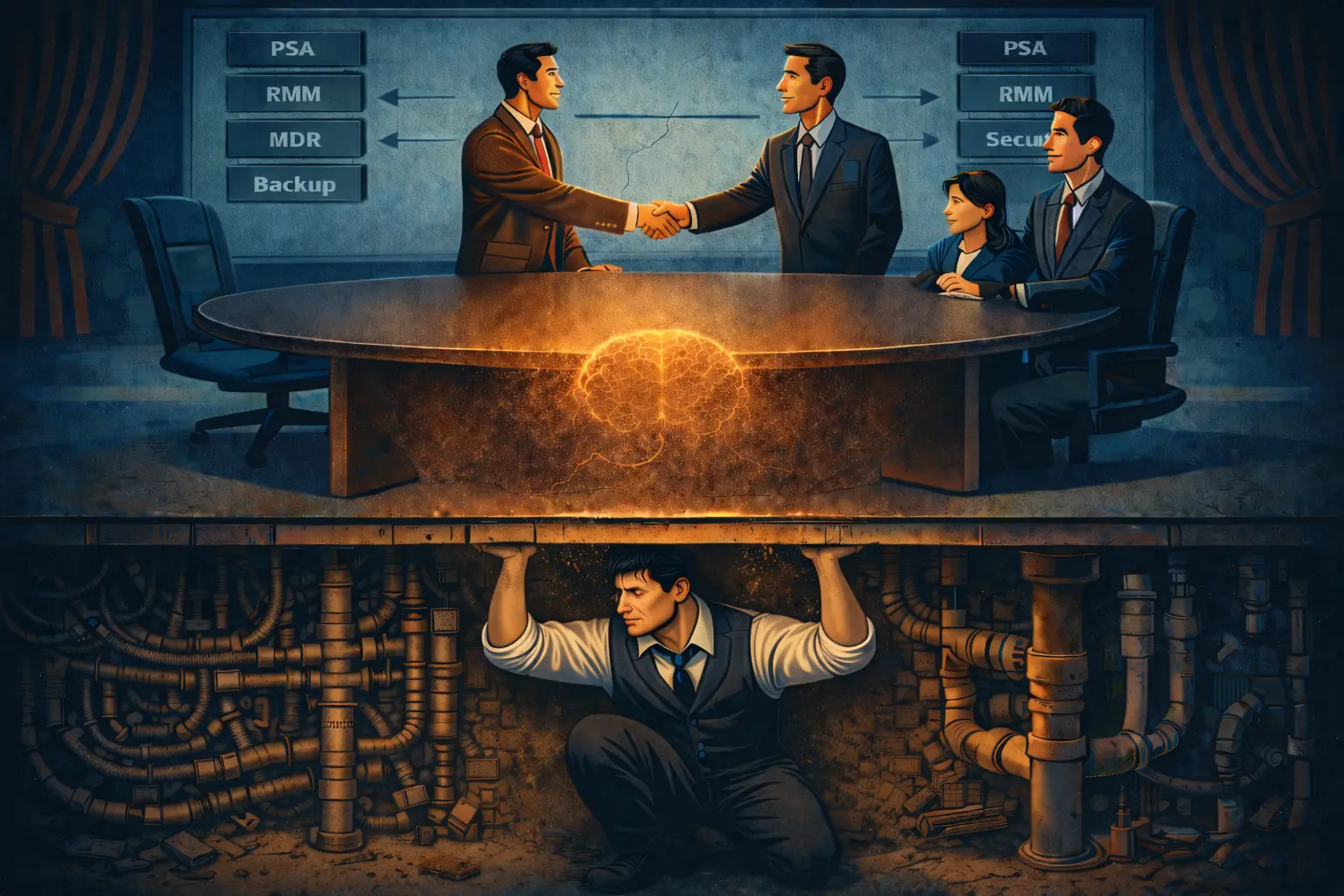 A boardroom handshake between two men over a glowing brain on the table, flanked by stacked labels reading PSA, RMM, MDR, Backup and Security; beneath the floor a lone man holds the table up on his shoulders amid a maze of pipes.