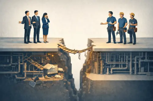 Two groups stand on opposite edges of a broken floor — executives in suits on one side, technicians in work clothes on the other — joined only by a frayed rope bridge, with tangled pipes and ductwork in the chasm below.