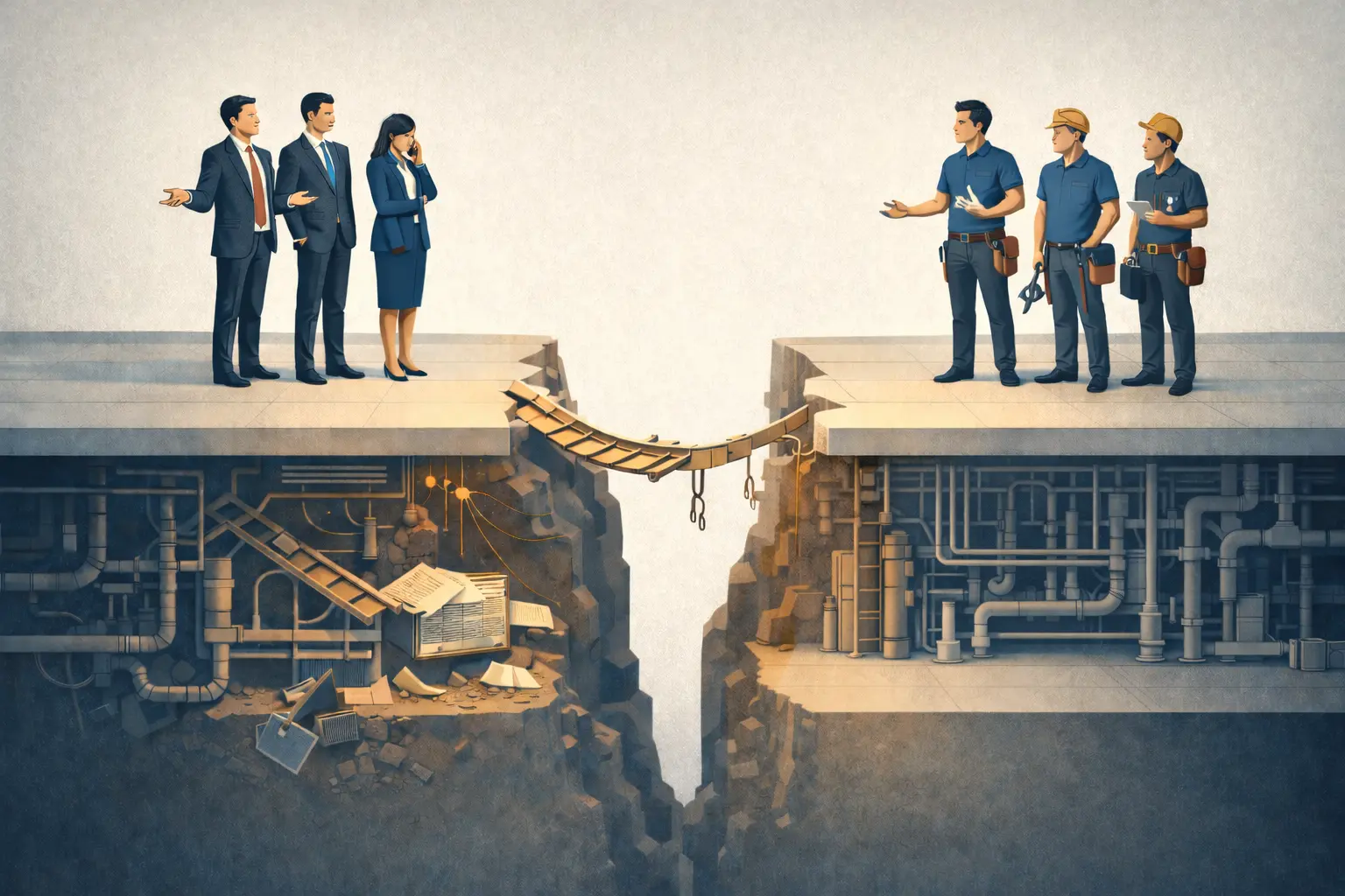 Two groups stand on opposite edges of a broken floor — executives in suits on one side, technicians in work clothes on the other — joined only by a frayed rope bridge, with tangled pipes and ductwork in the chasm below.