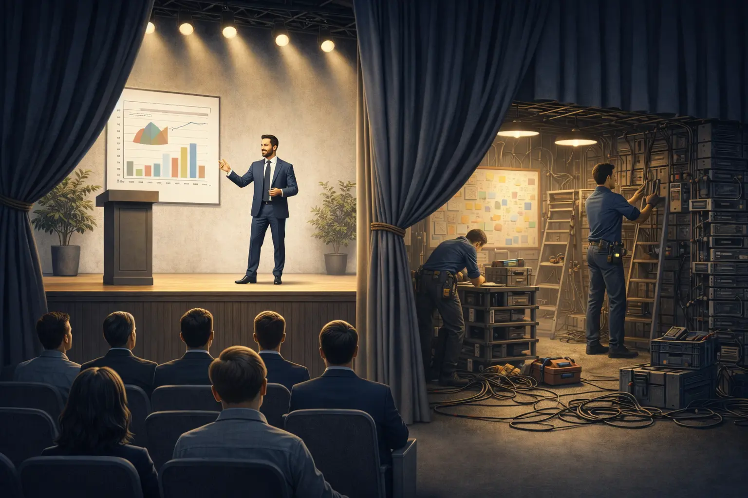 Split scene: a polished speaker presents a bar chart on a lit stage while, just behind the curtain, technicians kneel among cables and crates keeping the equipment running.