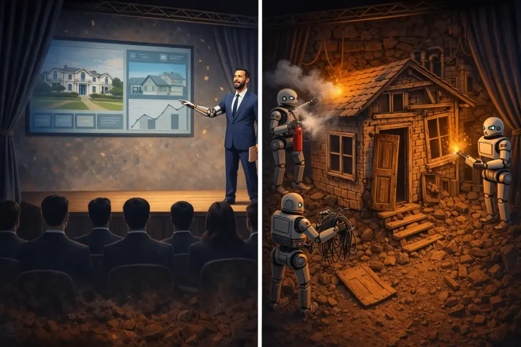Split illustration: on the left a polished executive presents a glossy house on a bright screen to a seated audience; on the right robots patch a collapsing shack with tape and exposed wiring by torchlight.