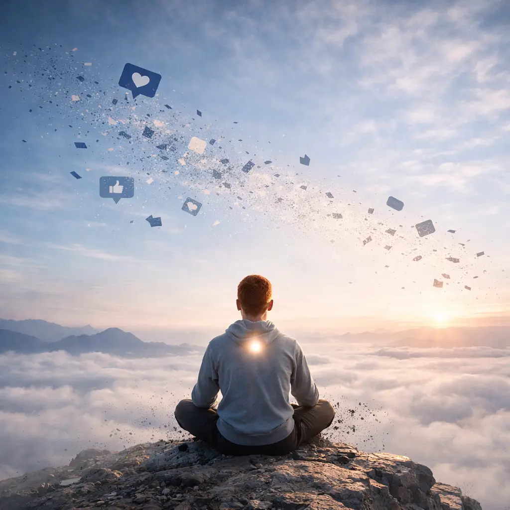 A person sits cross-legged on a clifftop above the clouds, back to the viewer, as social media like and heart icons disintegrate into drifting fragments across the sky.