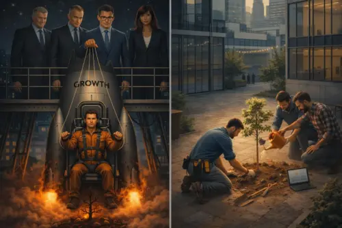 Split illustration: on the left, executives in suits pose beside a rocket labelled "GROWTH" blasting off over a scorched sapling; on the right, workers kneel in a courtyard to plant and water a young tree.