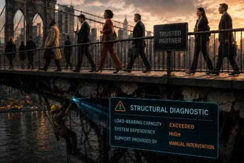 Commuters in business dress walk across a bridge past a sign reading "TRUSTED PARTNER" while the deck crumbles beneath them and a lone worker braces the supports below; an overlaid "STRUCTURAL DIAGNOSTIC" panel reads load-bearing capacity exceeded, system dependency high, support provided by manual intervention.