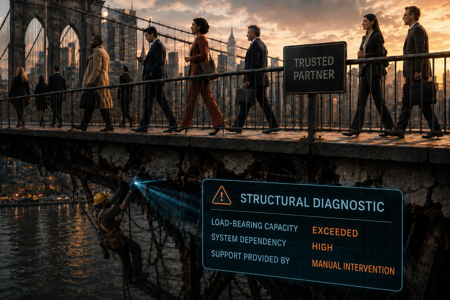 Commuters in business dress walk across a bridge past a sign reading "TRUSTED PARTNER" while the deck crumbles beneath them and a lone worker braces the supports below; an overlaid "STRUCTURAL DIAGNOSTIC" panel reads load-bearing capacity exceeded, system dependency high, support provided by manual intervention.