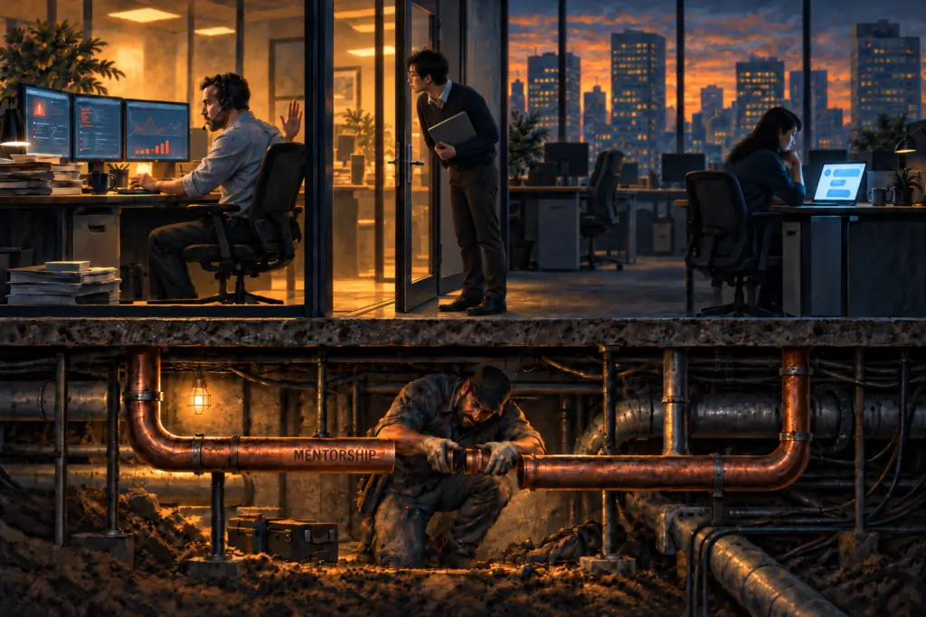 Cut-away illustration of an office at dusk: a senior engineer on a call raises a hand to wave off a junior colleague leaning in at his open glass door, while another employee sits alone lit by a laptop chat window; beneath the floor, an IT technician kneels in a crawlspace holding together two copper pipes, one stencilled MENTORSHIP, that fail to meet.
